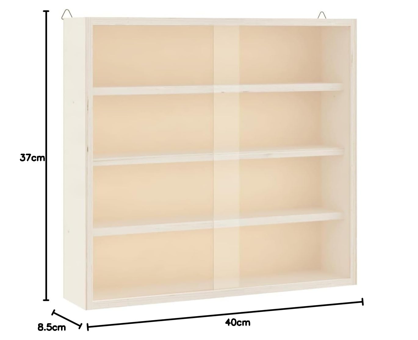 Sammlervitrine aus Holz mit Türen, 40x8,5x37 cm, Wandmontage, 4 Fächer, für kleine Sammlerstücke, Sperrholz, PET-Türen, 20 kg Traglast