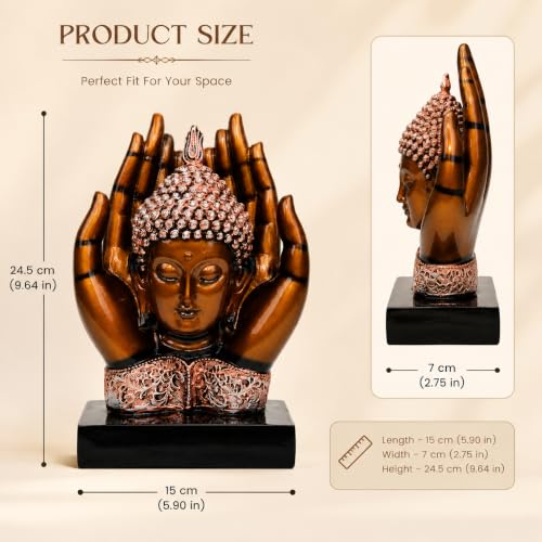 Image of HindCraft Buddha Showpiece for Home Decor - Meditating Buddha Idol in Protective Hands, Spiritual Decorative Statue for Living Room, Office Desk, Meditation Room, Gift Item