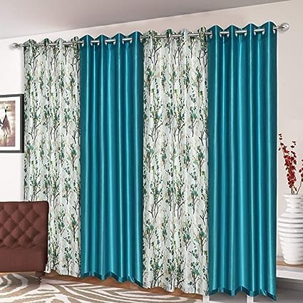Subharambh creation Home Furnishings 12Ft Curtains for Extra Long Door Set of 4, Leaves & Solid Polyester Printed Curtain Drapes for Living Room (Door - 4 x 7 Feet, Aqua)