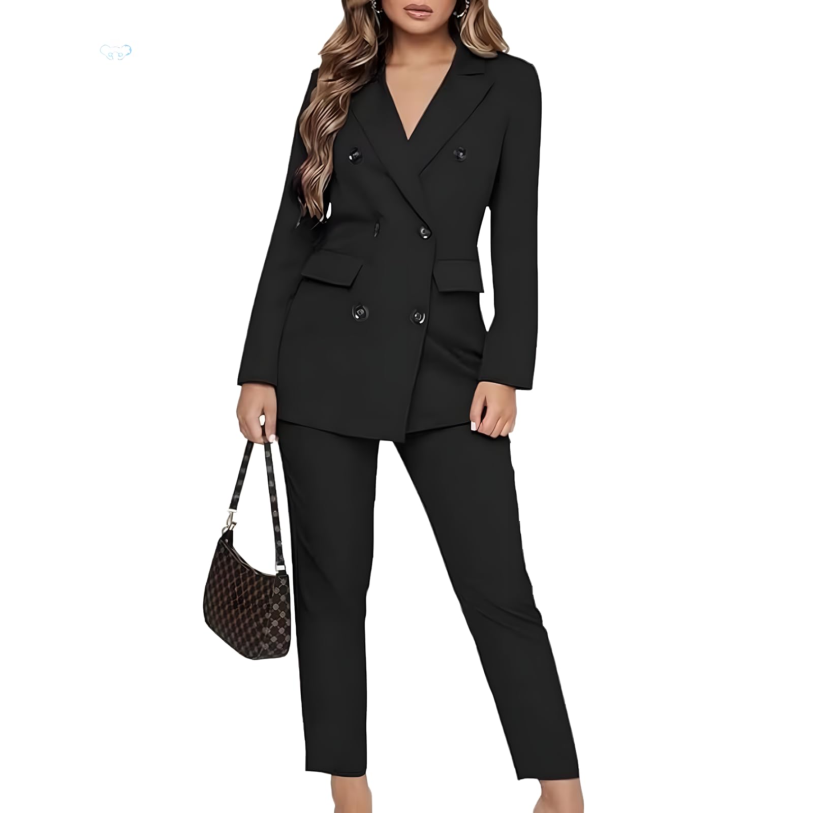 Autumn and Winter Womens Snow Neil Jacket Set with Flip Collar Double Row Buckle Pocket Suit Pants Suitable