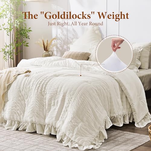 Image of JOLLYVOGUE Oversized Queen Comforter Set, 3 Pieces Ivory Seersucker Comforters, Lightweight & Fluffy Bedding Sets for All Season with 1 Ruffle Comforter and 2 Ruffle Pillowshams