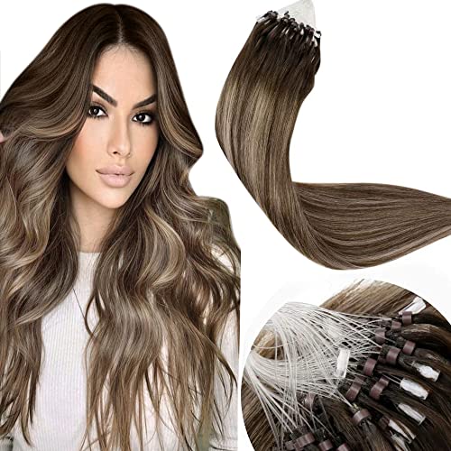 LAAVOO Microbead Hair Extensions Human Hair Balayage 22inch Dark Brown to Ash Blonde Mix Brown Real Human Hair Micro Loop Hair Extensions Silky Straight Thick Soft 50g 50strands