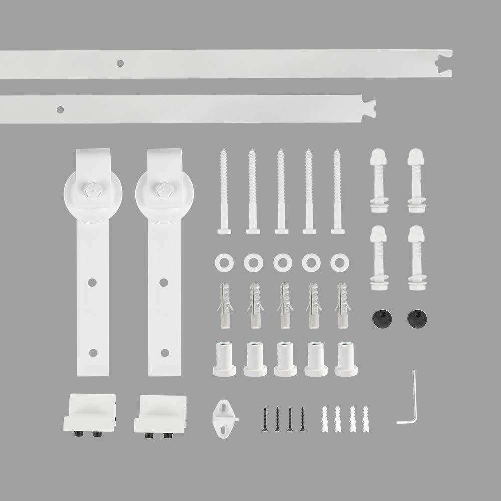 200cm Kit de Rail pour Porte Coulissante, Kit de voie de Placard de Porte de Grange pour Une Porte,Ensemble de poulies de rail de suspension de porte de grange blanche (classique) porte simple