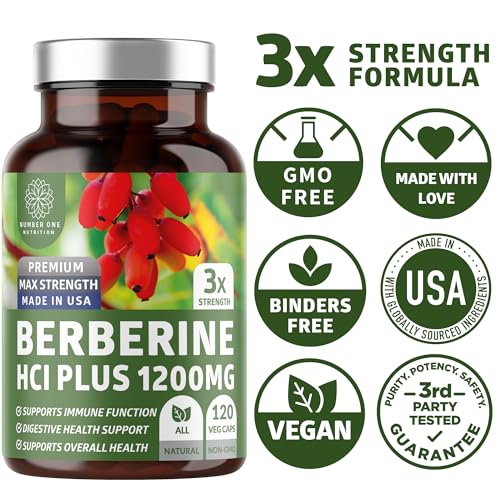 Number One Nutrition N1N Premium Berberine Plus 120 Caps, 1200mg, Natural Supplement Supports Anti-Aging, Cellular Health, Energy and Digestion