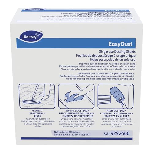 Image of Diversey 9292466 EasyDust Single-use Dusting Sheets, Disposable Multisurface Cleaning Wipes for Floors, Dust Wipes Trap Dirt, Unscented 5x6-inch Sheets, 250-Sheets, 1-Box