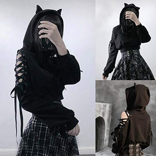 Teen Girls Trendy Gothic Hoodies Cat Ear Crop Top Casual Punk Long Sleeve Hooded Sweatshirt Plus Size Tops for Women2