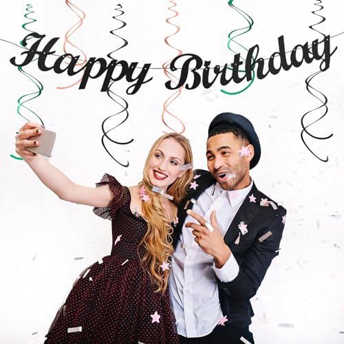 Image of Sage-Green Blush-Pink Black Birthday Party-decorations - 21pcs Girls Woman Happy Banner Garland, Paper Streamers Lanterns,Flower Tissue Pom Poms Fan Supplies,Wall Backdrop Decor Huglony