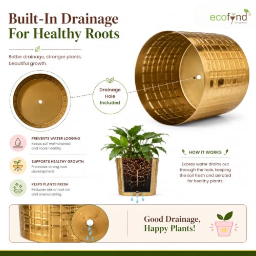 Image of ecofynd 2 Pack Metal Plant Pots (7 inch, 6 inch), Indoor Small Planter Flower Pots, Home Garden Decor Planter for Living Room Bedroom Interior (Gold Finish, POT055)