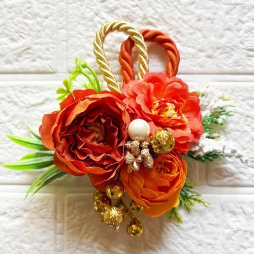 Image of ADIKALA Handmade Artificial Big Peonies 3 Flower Bunch for Trousseau Packing, Ready to use Flower Brooch Hamper for Decoration, Gift Wrapping Flowers (6, Orange)
