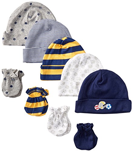 Gerber Baby-Boys Newborn 5 Pack Caps (0-6 months) and 4 Pack Mitten (0-3 months) Bundle,All Star,Newborn