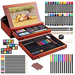 Art Supplies, 99 Pieces Wooden Art Set Painting Supplies with Watercolor Powder, Oil Pastels, Color Pencils, Portable…