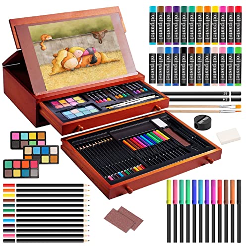 Art Supplies, 99 Pieces Wooden Art Set Painting Supplies with Watercolor Powder, Oil Pastels, Color Pencils, Portable…