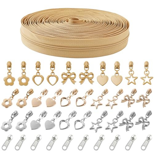 MYLbeter Zíper de Nylon Nº 3, Vendido por Metro, Na Cor Cáqui. Pacote com 10 Jardas de Zíper Contínuo com 40 Cursores. Ideal Para Costura, Artesanato, Bolsas E Roupas. Possui Puxador Dourado E Cursor