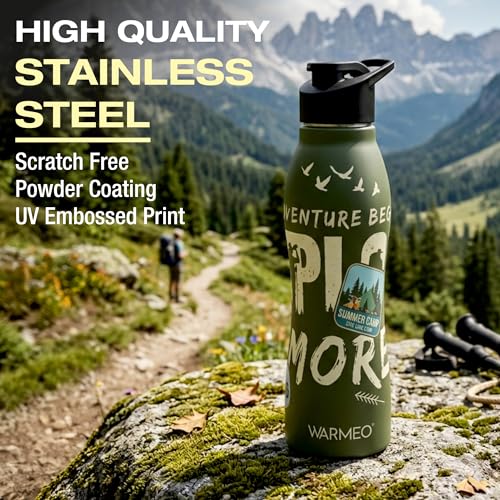 Image of WARMEO VIBE 1000 Stainless Steel Water Bottle 1000 ml | Adventure Theme 3D Embossed Design | Single Walled, ISI Certified I Leak Proof Lid, Rust Proof I For School, Office, Gym I Green