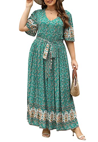 Nemidor Womens Plus Size Boho Floral Positioning Print Casual Flared Maxi Dress with Pocket NEM422