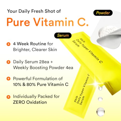 Image of Abib Hyper Vita Shot 28 Days Program (Serum & Powder) 1.42fl.oz.,0.03oz (42ml+0.8g) | 10% Vitamin C Serum Individual Daily Pouches with Weekly Booster Powder, Ascorbic Acid, Korean Skin Care