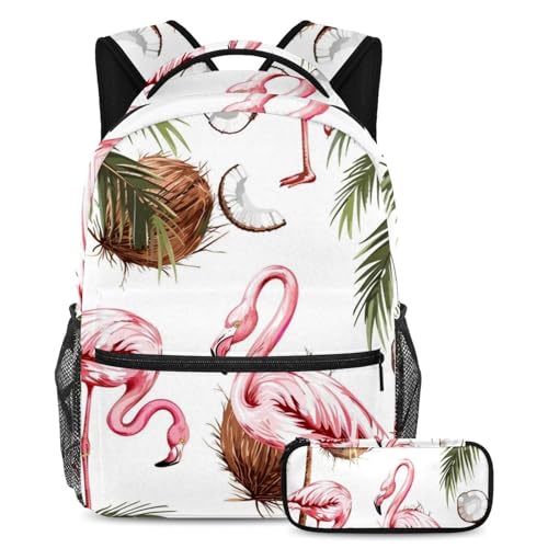 Cartable cocotiers et flamant rose grand format avec sa trousse assortie pour l'école