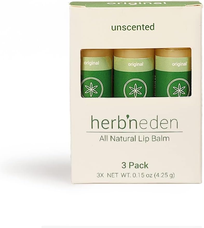Herb’N Eden Original Lip Balm Pack of 3 | Moisturizing and Soothing for Dry, Chapped Lips | 100% Natural Ingredients | Essential Oils