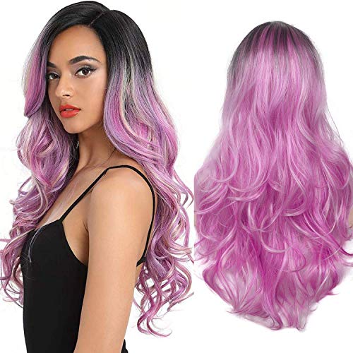 Baruisi Ombre Purple Wig Long Curly Wavy Pastel Purple Wigs for Women Synthetic Side Part Multi-Color Party Cosplay Wig