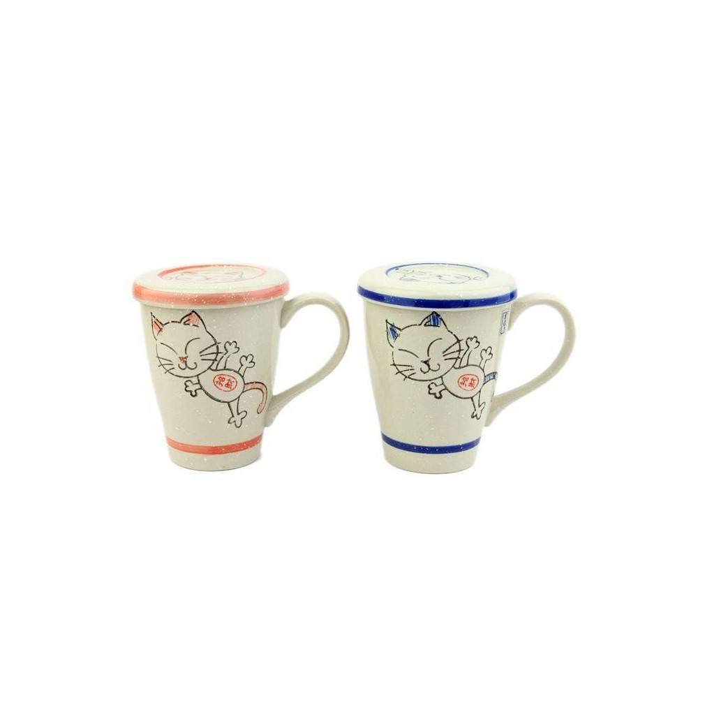 Maneki Neko Coffee Cups Japanese Design Blue, Duo Chats