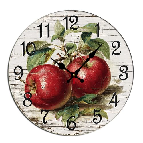 Horienteeon Reloj de pared de frutas de manzana, de madera, decorativo, silencioso, sin tictac, para sala de estar, hogar, oficina, escuela, cocina, decoración de pared, redondo, 25,4 cm