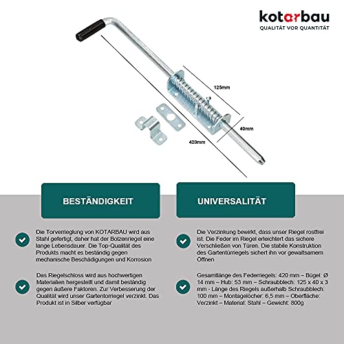 KOTARBAU® Gate Drop Bolt, Galvanised Steel, 420 mm (16.5 Inches), Silver, Spring Latch, Heavy Duty, Spring Loaded Bolt - Image 2