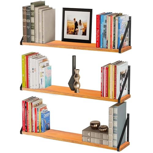 Image of Decazone Floating Shelves for Wall Storage - Set of 3, MDF Board Bookshelves for Living Room, Bedroom, Kitchen & Office - Sturdy Wall-Mounted Display for Bookcase & Decor (Brown, Wide- 36 inch Inch)