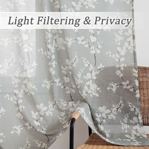 Image of FMFUNCTEX Linen Sheer Blossom Floral Print Curtains Grey 63 Inch 2 Panels | Rod Pocket Rustic Drapes, Farmhouse Flower Patterned Window Curtain, Light Filtering Privacy for Living Room and Bedroom