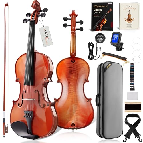 Image of AKLOT Handcrafted Flamed Maple Violin: Full Size Glossy Fiddle, Acoustic Advanced 4 /4 Violin Kit with Ebony Bow, Solid Wood Shoulder Rest, Lesson Book, Hard Case, Extra Strings, Tuner (VRT-AdvOB)