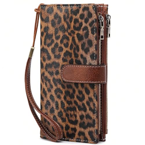 Image of Women Leather Wallet Crossbody Shoulder Bag with Double Zipper and Mobile Phone Purse with Shoulder Strap
