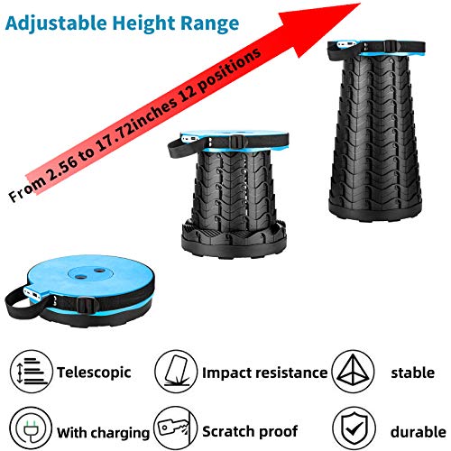 Image of Portable Telescopic Stool with Mobile Charger 4400mAh, Collapsible Stool Built-in Phone Charger for iPhone Android, Foldable Seat for Camping Hiking Fishing Picnic Max Load 400lbs