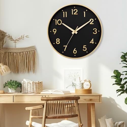 Image of Mosewa Wall Clock 8 Inch, Wall Clocks Battery Operated Silent Non-Ticking Modern Analog Clock Decorative for Kitchen, Bedroom, Office,Bathroom(Black Gold)