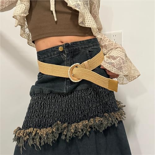 Straw Boho Belt Women Straw Belt Wide Elastic Waist Belts Braided Waistband Summer Casual Cloth Beach Apparel Accessory(Oval Buckle)4