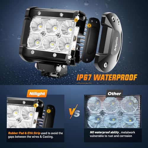 Image of Nilight LED Light Pods with Yellow Black Covers 2 PCS 18 W 1260LM | Flood Beam, Super Bright Off Road Driving Fog Boat Lighting for Trucks Pickup Golf Cart SUV ATV UTV 4x4 Van Camper