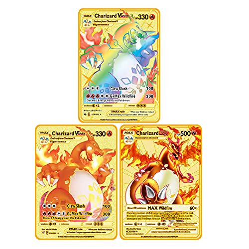 3PCS Ultra Rare Pokemon Metal Gold Plated Card, Charizard Gold Custom Metal Card Vmax DX GX Metal Gold Plated Collection Cards (3PCS Charizard -1)