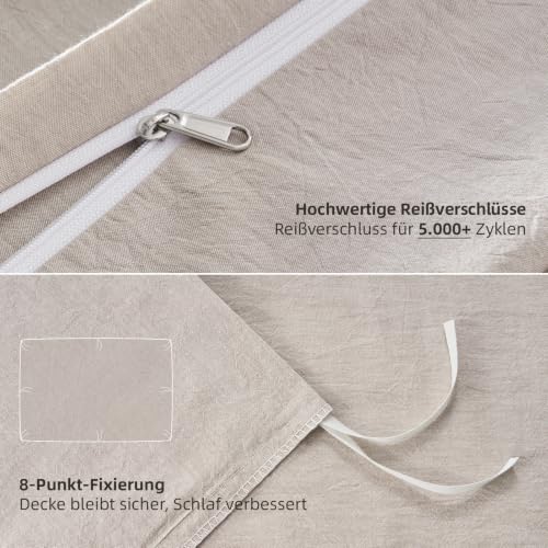 Housse de couette 200x200 coton 100% beige avec 2 taies d'oreiller 80x80 effet lin - 6