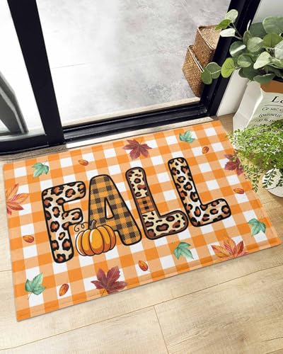 Indoor Doormat Leopard Fall Maple Leaves,Shaggy Floor Mat with Non-Skid Backing Orange White Buffalo Plaid,Machine Washable Plush Area Rug Carpets for Kitchen Nursery Bedroom