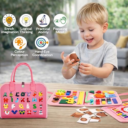Image of Wishkey Busy Board Activity Binder for Toddlers 1-4 Years Montessori Sensory Busy Book with 19 Motor Skill Activities Soft Felt Educational Learning Toy Travel Toy & Birthday Gift for Kids Pink