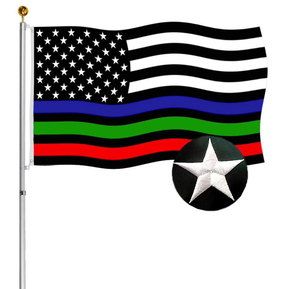 Embroidered Thin Red Blue Green Line US Flags 3x5 ft Outdoor- Vivid 200D Nylon Police Firemen Military American Flags Banners- First Responder Flags for Honoring Law Enforcement Border Patrol Agents