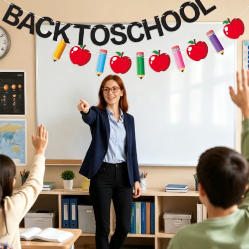 Image of Welcome Back to School Banner First Day of School Garland Black Glitter Pencil Apple Classroom Decorations for Teacher Preschool Classroom Office Home Decor Photo Backdrop Party Favors