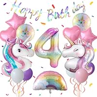 Unicorn 4th Birthday Party Decorations for Girl Purple Pink Theme Balloon Set, Large Rainbow Unicorn Helium Balloons with Heart and Star Baby Shower Kids Supplies (number 4 set)