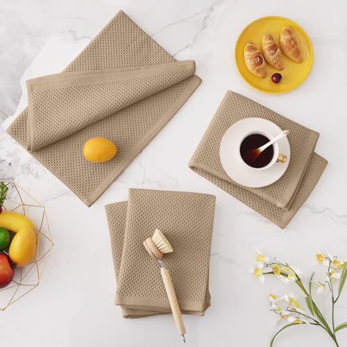 Image of Homaxy 100% Cotton Oversized Waffle Weave Kitchen Dish Towels, Ultra Soft Absorbent Quick Drying Cleaning Towel, 20x28 Inches, 8-Pack, Tan