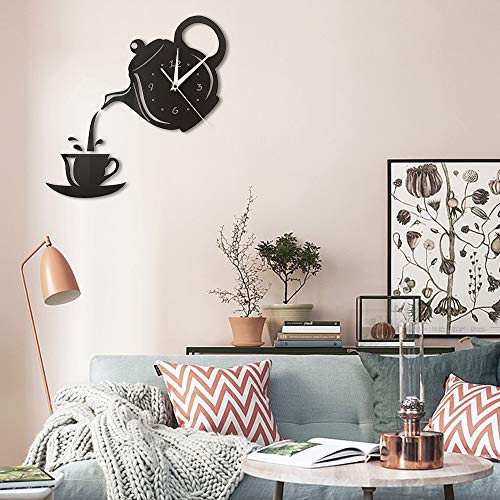 The Geeky Days Diy Teapot And Cup Design Acrylic Mirror Modern Wall Clock Tea Kettle Hanging Watch Kitchen Decor thumb #2