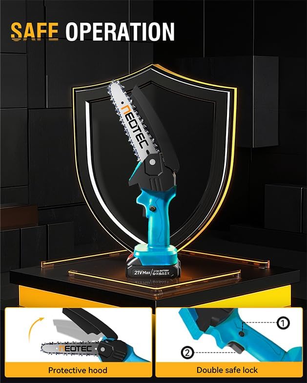 Miniatura 6 de NEOTEC - Mini motosierra inalámbrica de 6 pulgadas, motosierra eléctrica de mano de 4000 mAh, funciona con batería con doble bloqueo de seguridad,