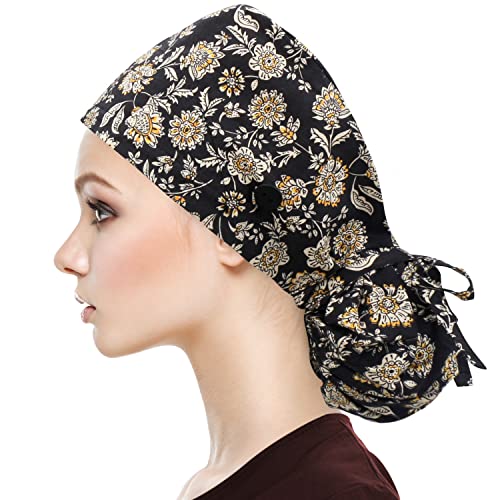 Image of QBA Adjustable Working Cap with Button, Satin-Lined Hat, Cotton Working Hat Sweatband, Elastic Tie Back Hats Unisex