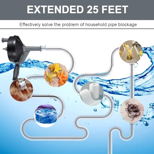 Image of Drain Auger, Clog Remover with Drill Adapter, 25 Feet Flexible Plumbing Snake Use Manually or Powered for Kitchen,Bathrom and Shower Sink, Comes with Gloves(Gray)