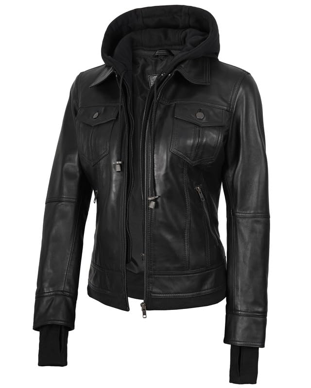 Decrum Hooded Leather Jacket Women - Real Lambskin Womens Leather Jacket with Removable Hood