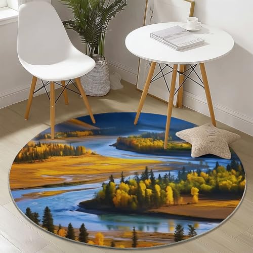 Genérico Alfombras Salón Redonda 150 cm, Pelo Corto Alfombra Habitación Dormitorio Lavables Alfombra Antideslizante Otoño Natural Y Montañas Y Ríos Cocina, decoración del hogar Marrón