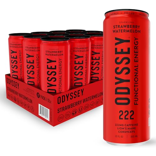 Image of Odyssey Functional Energy Drink, Strawberry Watermelon, 222mg Green Tea Caffeine, Clean Energy & Focus, Low Calorie, No Added Sugar, No Crash, Lion's Mane & Cordyceps, 12 Pack 12 Fl Oz