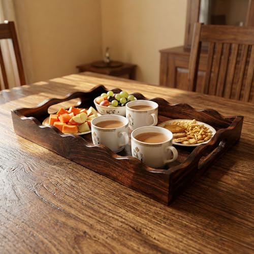 Image of Wooden Rectangular Serving Tray for Home & Kitchen - 13 x 9 Inch Antique Finish Breakfast, Tea & Snacks Tray with Handles for Dining Table, Coffee Table & Serving Guests